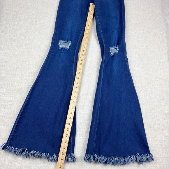 JC JQ  Bell Bottom Blue Jeans Women's Small High Rise Super Stretchy Distressed - Picture 15 of 16